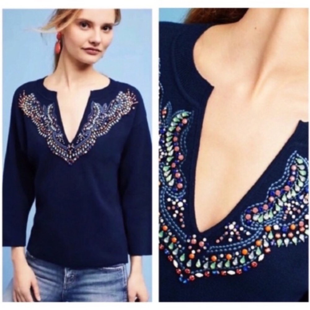 Anthropologie Moth Embellished Jewel Sweater Blue petite small